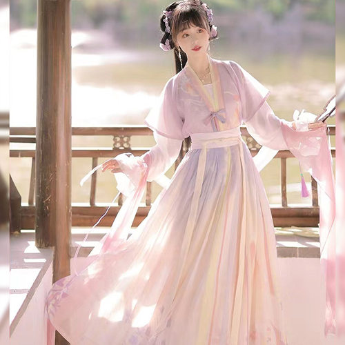 正版新款唐褙子汉服女成年人圆领短半袖齐腰褶裙全套古装夏天凉快