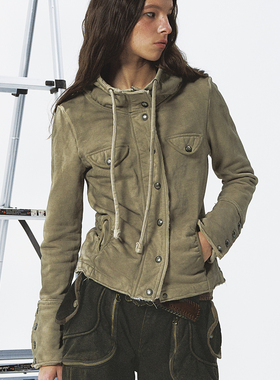 99PERCENT复古拉链军事感卫衣短外套女收腰休闲夹克工装drity fit