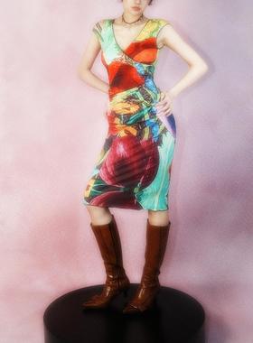 99percent原创油画印花朵气质辣妹度假收腰褶皱弹力V领连衣裙紧身