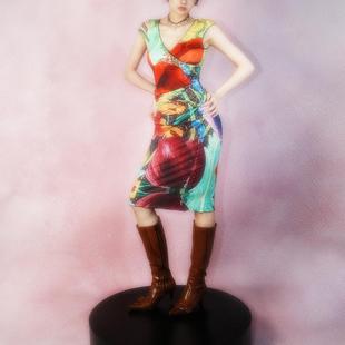 99percent原创油画印花朵气质辣妹度假收腰褶皱弹力V领连衣裙紧身