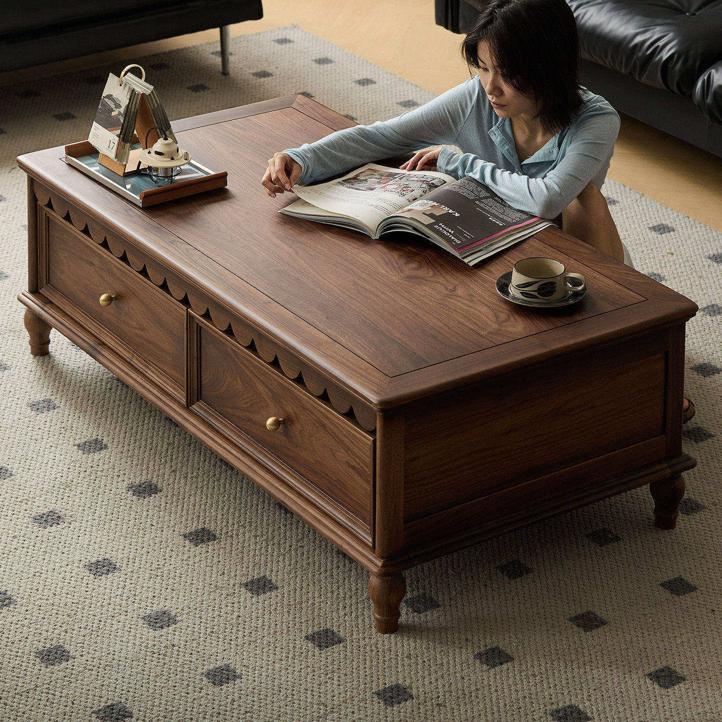 梦天然北美黑胡桃木实木茶几客厅家用小户型茶几桌长方形美式复古