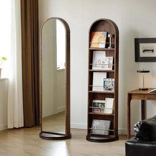 梦天然北美胡桃木实木全身镜书架穿衣镜绘本架两用落地试衣镜旋转