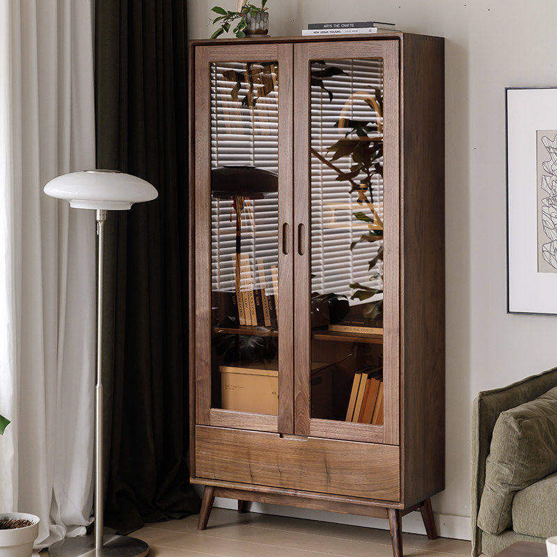 梦天然北美黑胡桃木实木书柜书架书橱储物柜玻璃门带门落地北欧