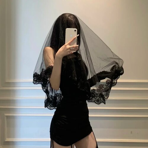 黑色蕾丝头纱万圣节cos头饰Y2k哥特圣母玛利亚鬼新娘网纱发饰修女