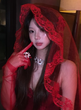 万圣节cos哥特红色头纱复仇新娘结婚礼服秀禾蕾丝遮面盖头亚文化