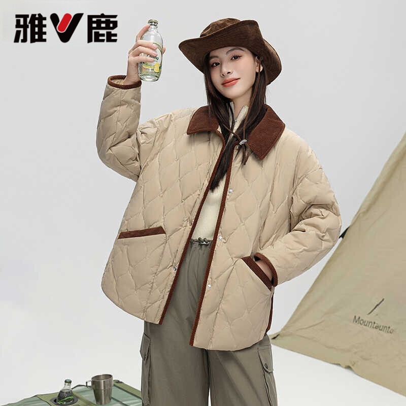 雅鹿衬衫式羽绒服女冬季2025新款菱格轻薄款短款翻领内胆鸭绒外套
