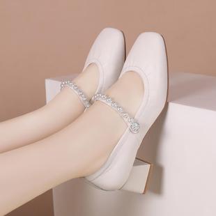 2026春季新款单鞋女真皮中跟粗跟浅口方头玛丽珍皮鞋时尚软底女鞋