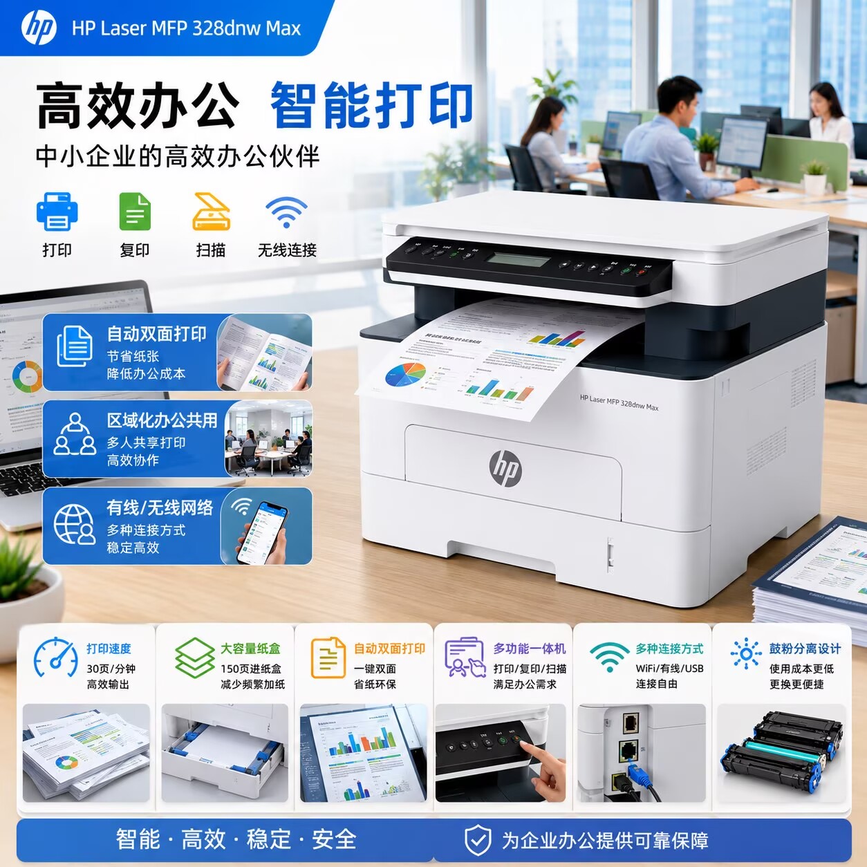 HP惠普328sdnw Max黑白激光无线自动双面打印机 打印复印扫描323