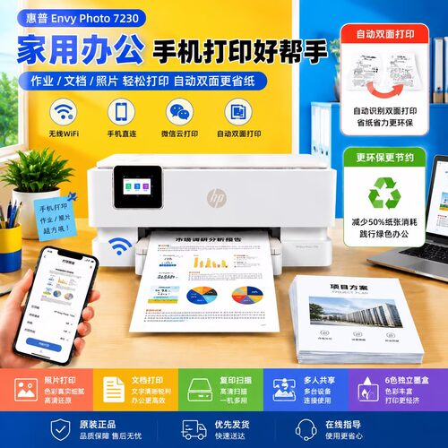 惠普7230彩色喷墨打印机复印扫描一体机自动双面无线wifi替7220
