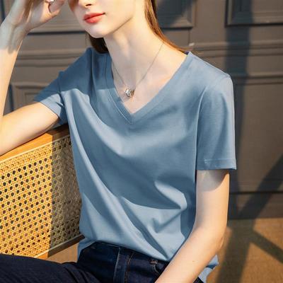 液氨免烫不变形高支纱丝光棉夏季减龄短袖t恤女正肩V领纯棉体恤衫