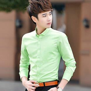 彩色长袖 修身 衬衫 韩版 潮流糖果色靓仔帅气高端绿色衬衣 男士 春秋季