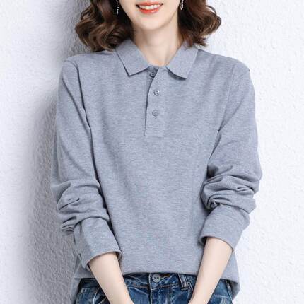 纯棉长袖t恤女2025春秋宽松翻领运动上衣polo衫定制印logo工作服