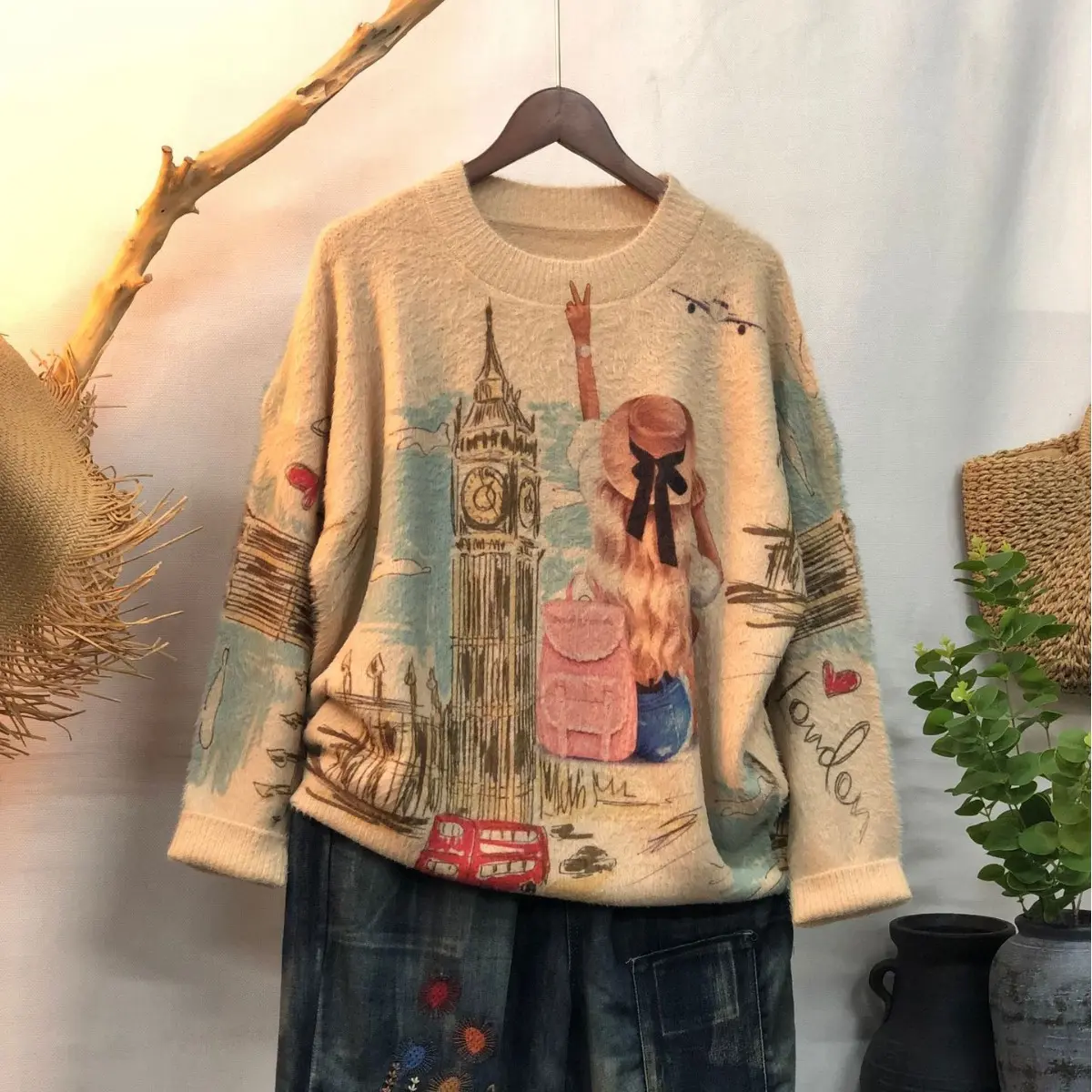 水貂绒毛衣套头女2025秋季新款宽松外搭圆领毛衣显瘦气质长袖上衣
