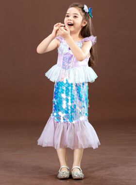little mermaid princess dress 3-10Y sequine lace cloth kids