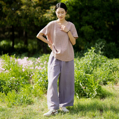 色织亚麻极简套头短袖格子衬衫