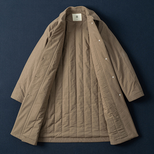 西河自制新品精密莼棉面料夹棉简约文艺气质中长款棉服外套浅褐