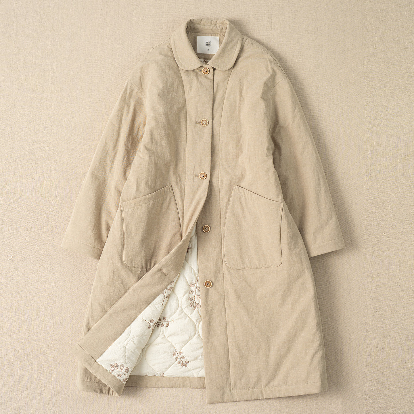 西河自制新简约气质亚麻棉夹棉内里刺绣中长款棉服外套女
