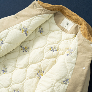 西河自制新品简约气质亚麻棉夹棉内里刺绣短款棉服外套女