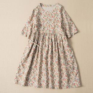 西河自制整洗工艺夏新品简约质朴纯麻印花中长连衣裙