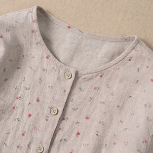 西河自制2025秋新品整洗工艺雨露亚麻印花温婉气质七分袖圆领衬衫