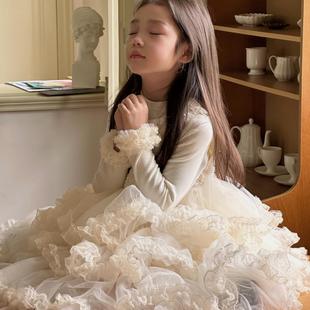 奶油白女童生日礼服裙精致亮片背心裙拼接蛋糕裙花童蓬蓬纱公主裙