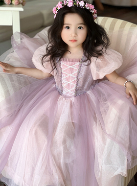 女童粉紫色发光乐佩长发公主裙泡泡袖蓬蓬纱连衣裙六一生日礼服裙