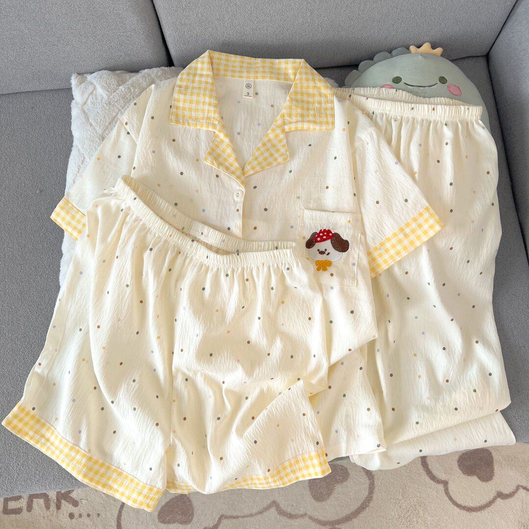 韩系甜美睡衣女夏季薄款云朵棉可爱卡通学生党可外穿家居服三件套
