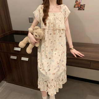 ins风甜美卡通睡衣女款夏季中长款睡裙超火大码云朵棉学生家居服
