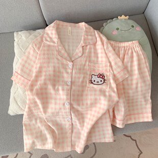 卡通甜美可外穿家居服套装 夏季 2026新款 日系ins格子KT猫睡衣女款