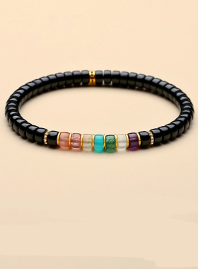 黑玛瑙彩色宝石手串多巴胺玛瑙多宝紫水晶手链女药片珠高级手饰