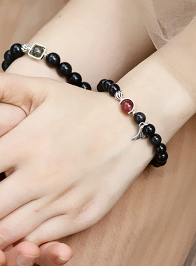 天然黑曜石礼物纯银百搭情侣手链