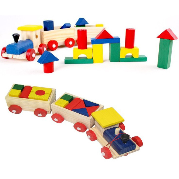 幼儿童早教益智力教具男女孩玩具1-2岁3制拼装拖拉三节积木小火车
