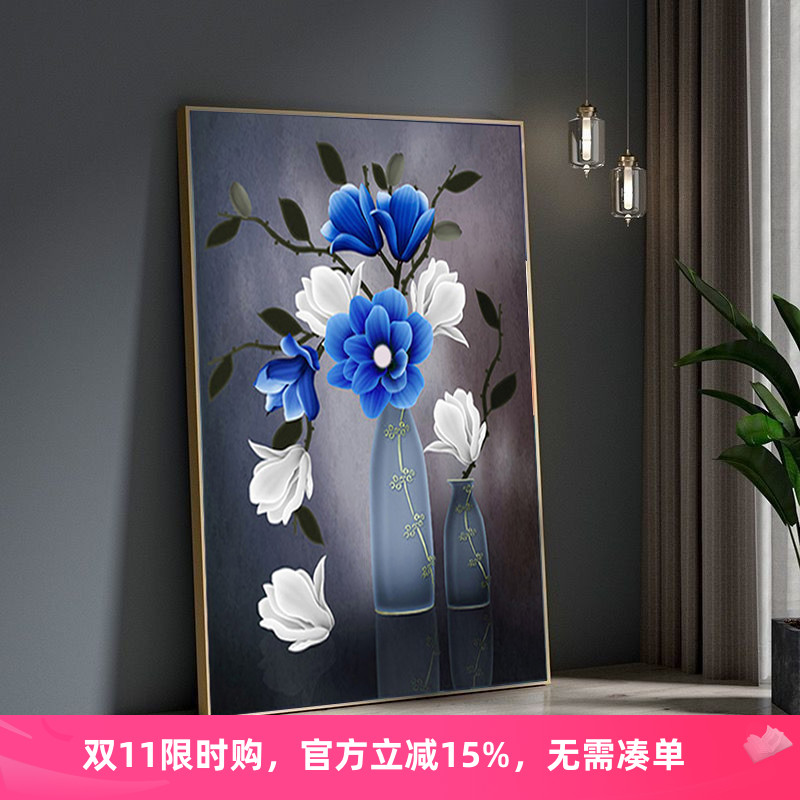 5d餐厅花瓶钻石画新款满钻蓝色花朵清新花卉半贴钻点钻十字绣卧室