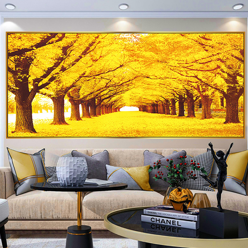 5d黄金满地钻石画2025新款客厅金色大道粘砖全贴钻十字绣大幅树林