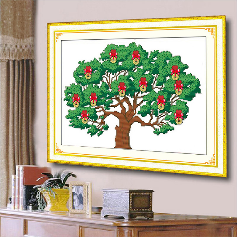 摇钱树十字绣线绣新款自己刺绣客厅印花手工招财发财树铜钱简单图