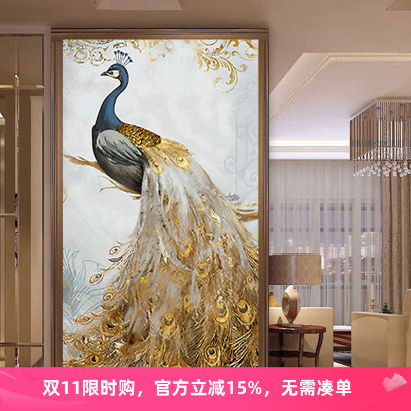 玄关孔雀开屏钻石绣2025新款满钻2025竖版点钻贴钻十字绣过道欧式