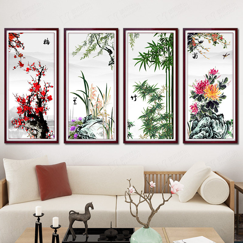 5d客厅钻石画四联画手工diy梅兰竹菊花点砖粘钻十字绣贴钻画满钻