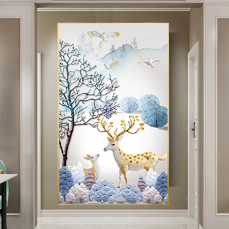 5d玄关过道钻石绣满钻223新款发财鹿现代客厅粘钻贴钻十字绣竖版