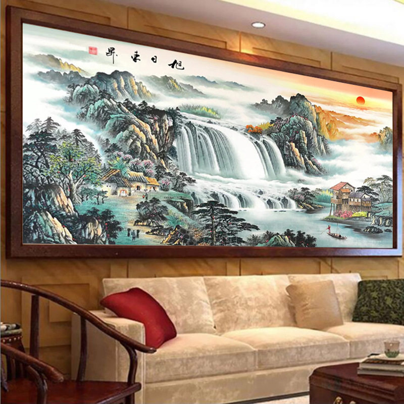 5d客厅山水钻石十字绣2026新款满钻旭日东升风景画全粘砖石画中式