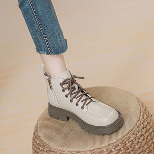 单靴小个子厚底短靴爆款 真皮马丁靴女英伦风2025春秋新款 白色靴子