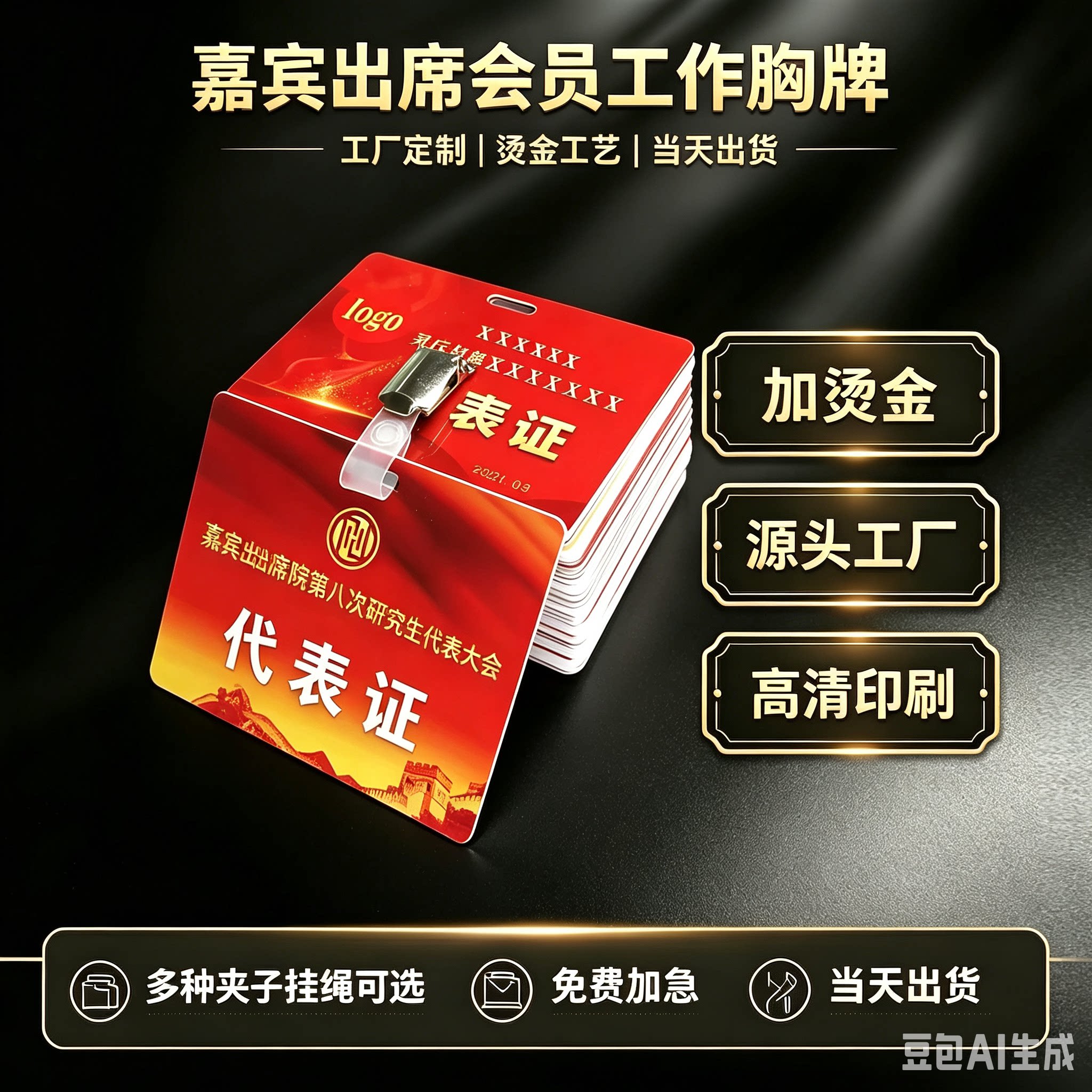 PVC烫金代表证会议出席证列席证政协工会学生代表证会议胸牌烫金