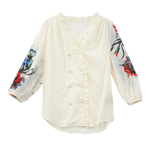TR30496# 真丝衬衫女士设计感小众春夏新款时尚洋气印花短袖桑蚕丝