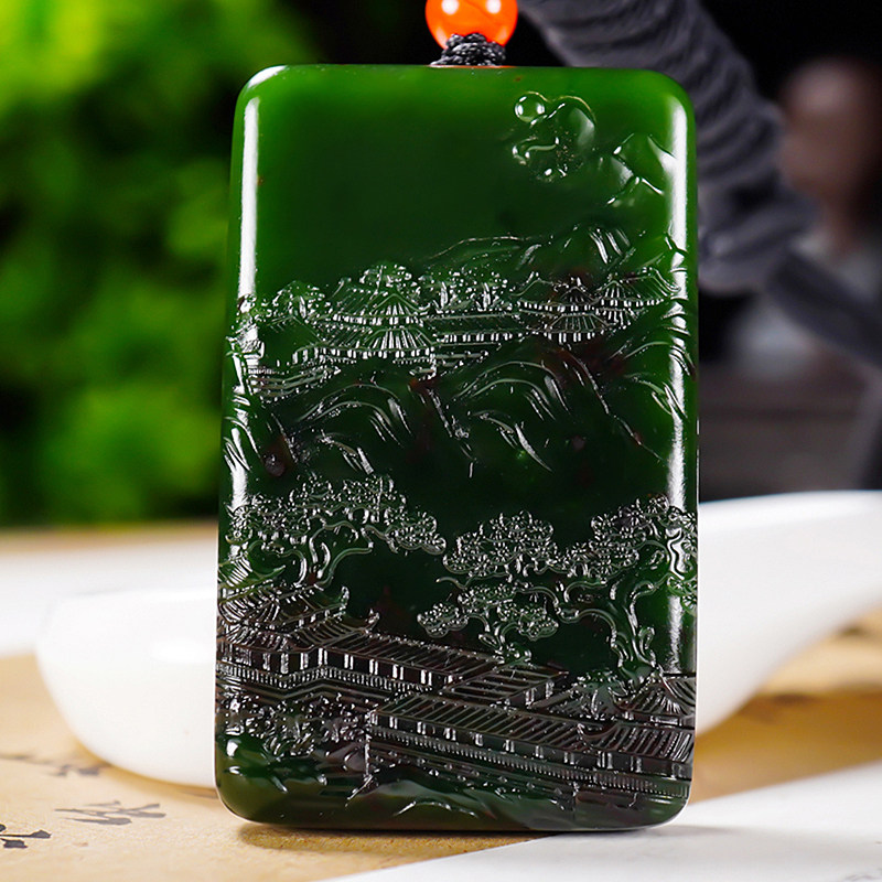 省大师郭磊7号矿红皮老料和田玉碧玉挂件山水牌 景秀山河 42.82克