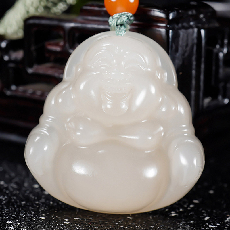 精品特细料冰底起荧光和田玉藕粉挂件吊坠笑佛弥勒佛11.37克