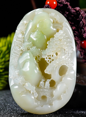 天然正品翠青大师冯立辉和田玉翠青手把件山水图溪山小隐144.6克