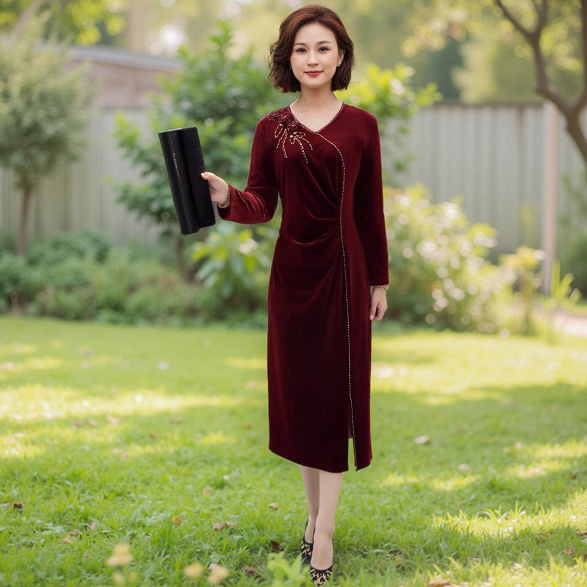 春奇迹妈妈装长袖连衣裙金丝绒高档敬酒服气质款中年女装洋气显瘦