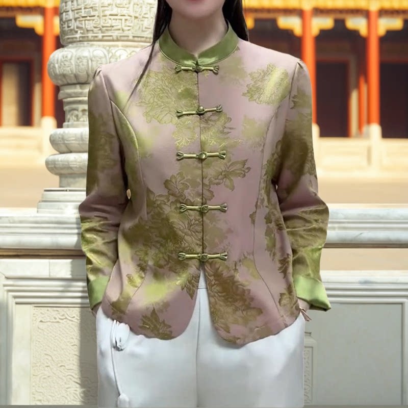中老年女士唐装上衣中式妈妈在洋气复古盘扣外套春季新款提花开衫