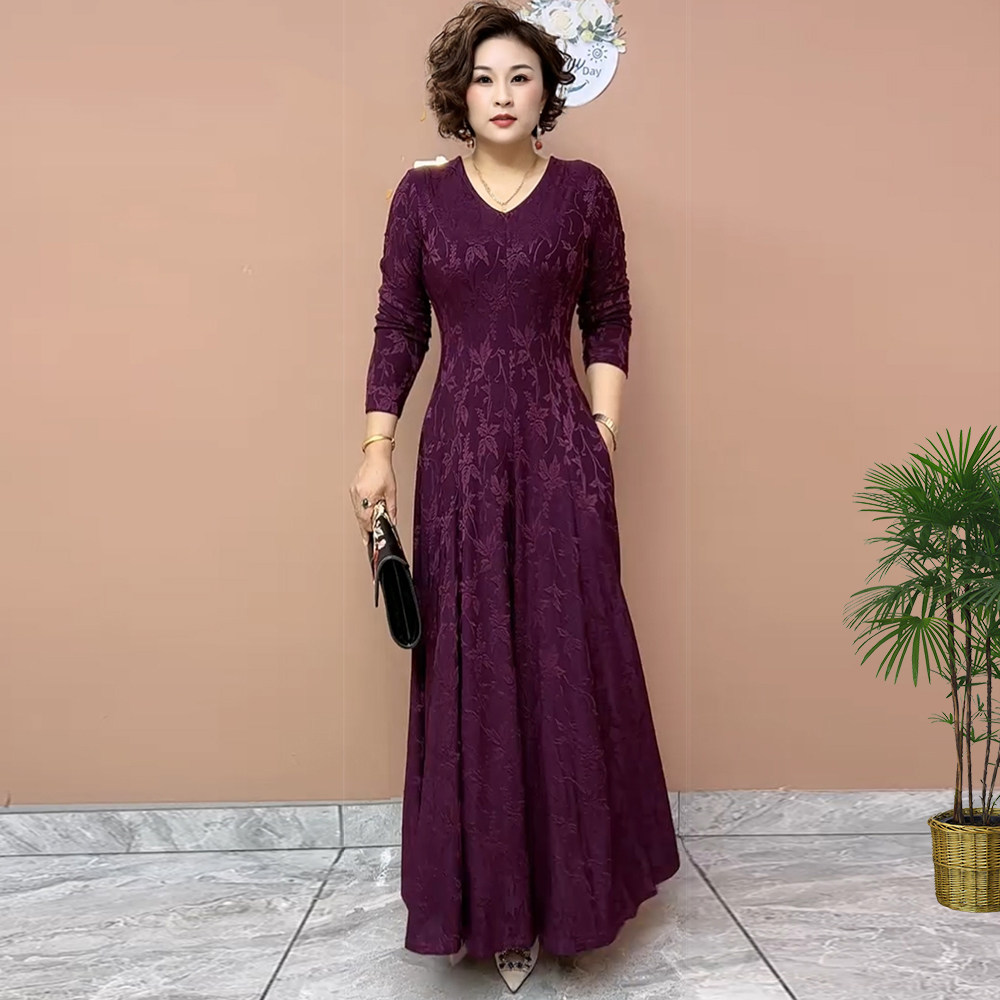 2025新款秋季连衣裙时尚洋气妈妈装蕾丝长裙贵夫人显瘦长袖过膝裙