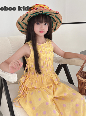 MoobooKids_夏季收官 凉爽无比的苎麻印花淡黄色紫波点套装