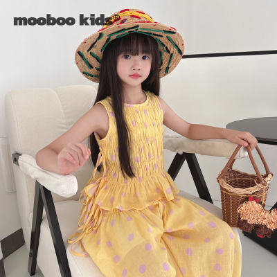 MoobooKids_夏季收官 凉爽无比的苎麻印花淡黄色紫波点套装